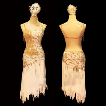 High-end Vlastné latinské Tanečné Šaty Biele Vyšívané Perličiek Trubice Lemovaný Dance Sukne Dospelé Samice Kostým Súťaž