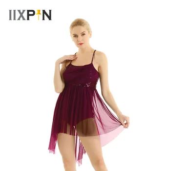 Sequined baletné šaty s Asymetrickým lyrický tanec kostým pre Ženy Špagety Popruh bez Rukávov Oka Criss Cross Späť Trikot šaty