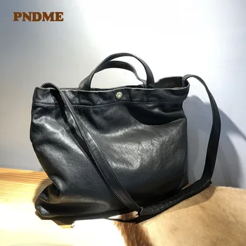 PNDME bežné vysokej kvality, luxusné, originálne kožené ženy, čierna taška cez rameno víkend vonkajšie denne dizajnér skutočné cowhide kabelka