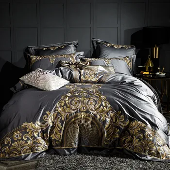 Luxusné Sivá Červená 1000TC Saténová posteľná bielizeň z Egyptskej Bavlny nastaviť Gold Royal Výšivky Kráľovná Kráľ Perinu Posteľná Bielizeň/list obliečka na Vankúš
