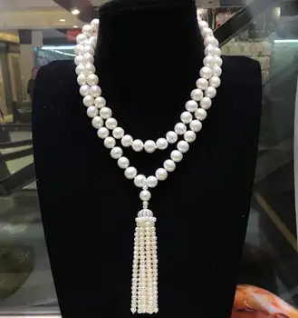 Ručne viazané 9-10 mm biele prírodné sladkovodné perly strapec dlhý sveter reťazca náhrdelník módne šperky