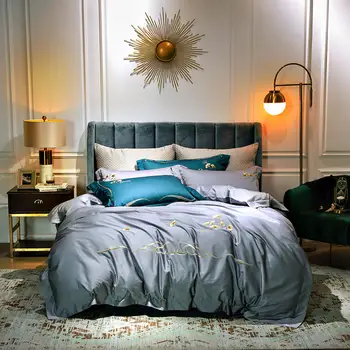 Kvetinové Výšivky posteľná bielizeň Nastaviť Svetlo luxusné Obliečky kryt nastaviť Dlho-strižné bavlnené obliečky na Vankúše Kráľovná King Size Posteľ Posteľná Bielizeň 4pcs