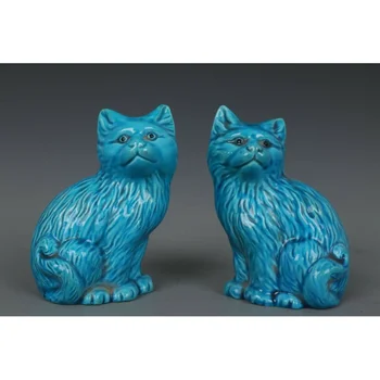 Krásne Čínsky Pár Páva Modrého Porcelánu Mačka Sochy