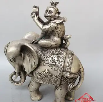 Starožitný MingDynasty strieborná socha / socha--opice & slon,ručne Vyrezávané,dekorácie remeslá /zber a ozdobu,s mk