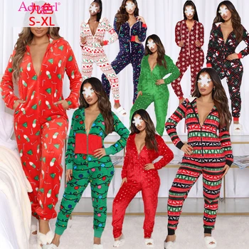 Módne Vianoce Velvet Pyžamo Jeseň Zima Zips S Dlhým Rukávom S Kapucňou Jumpsuit Bežné Domáce Oblečenie Jednodielne Plavky 2021