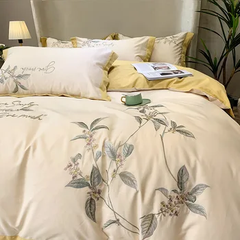 Európska Luxusné Vyšívané posteľné prádlo Nastaviť Kvetinový Perinu Posteľná obliečka na Vankúš 4pcs Čistej Bavlny Kartáčovaný Kráľ Queen Size Posteľou
