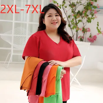 Nové 2021 Kórea Štýl Lete Plus Veľkosť Ženy Oblečenie, Topy Pre Ženy Veľké Voľné Krátky Rukáv Bavlna Červená V Krku T-shirt 7XL