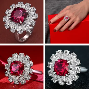 Nové Luxusné Kvetinové Červenými Zirkónmi Krúžok Žien Lesklé Prst Príslušenstvo Výročie Strany Darček Premium dámske Šperky