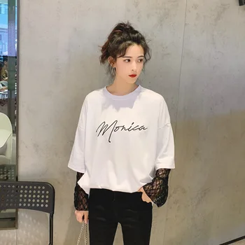 Žena T-Shirt dámske oblečenie Voľné Písmeno Čipky Dlhý Rukáv Topy Falošné Dve Módne Novinky Populárneho kórejského Biela Čierna Patchwork