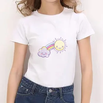 2021 Kawaii Roztomilý Rainbow Tlače Biele Tričko chic Harajuku O-Krku Bežné retro dámskej módy T-tričko chic Harajuku Streetwear