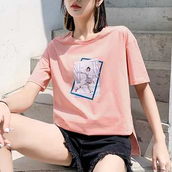Ženy T-shirt Kolo Golier Lete Bežné Krátky Rukáv Dievča Topy Cartoon Výšivky Tričko Vytlačiť Jednoduché Wild Harajuku T-Shirt