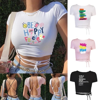 Byť Šťastný Navždy List Dizajn Ženy Plodín Top Backless Tričko Ženy Y2k Estetické Módne Oblečenie Modelky Krátky Rukáv