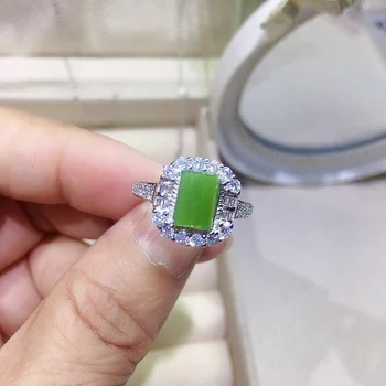Luxusné Green Jade Strieborný Prsteň 6 mm*8mm 1.5 ct Prírodné Čínskych Jade Krúžok 925 Silver Jade Šperky s 3 Vrstvy 18K Gold Plating