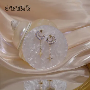OBEAR 14k Reálne zlatenie kórejský Mesiac Crystal Strapec Star Stud Náušnice Ženy Ušľachtilý Elegantný Darček k Narodeninám Šperky