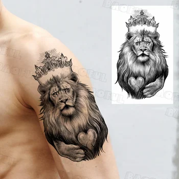 Black Lion Crown Dočasné Tetovanie Pre Ženy Dospelých Mužov Realistický Falošné Tetovanie Tiger A Vlk Umývateľný Polovičný Rukáv Tatoos