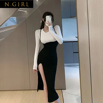 Dámske Sexy Split vidlica Vysoký pás Podväzkové sukne + Dámske jednofarebné tričko Dvoch-dielny oblek 2021 Jeseň kórejský Módne Farby