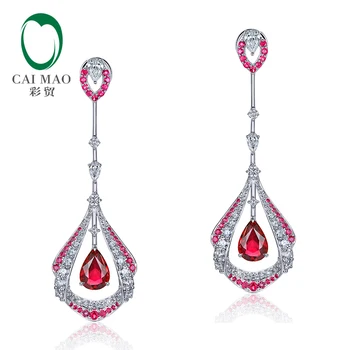 Krásne 1.28 ct Prírodné Hruškovitého tvaru Red Ruby a Biely Diamant v 18k Biele Zlato Visieť Drop Náušnice pre Ženy