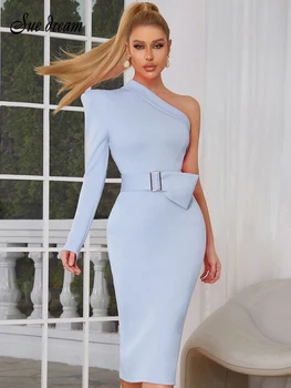 2023 Nové Jarné dámske Sexy Sky Blue One Ramenný Dlhý Rukáv Slim Fit Midi Šaty Elegantné Celebrity Nočný Klub Party Šaty