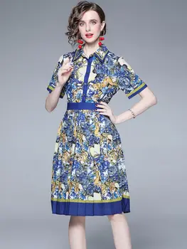 Banulin Vintage Blue Print Skladaný Šaty 2022 Lete Ženy Zase Dole Krku Krátky Rukáv Kvetinový Vytlačené Midi Strany Vestido N2972
