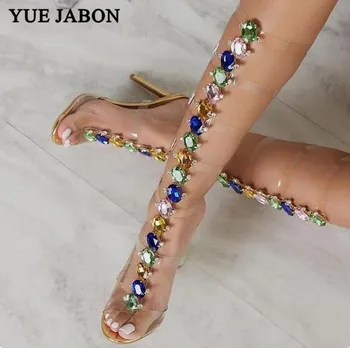 Bling Bling Crystal Ozdobené Ženy Kolená Vysoké topánky Otvorené Prst Sandále Cut-out Drahokamu PVC Transparentné Gladiator Sandále, topánky