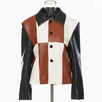 Colorblock Britský Štýl Kože Baseball Jacket Tenký Kabát Ženy Jeseň Zimné Móda Ulice New Vysoká Kvalita Vestido Top