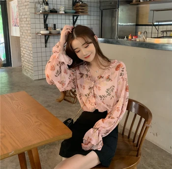Kórejský štýl dreva uši kvetinový voľné šifón tričko ženy