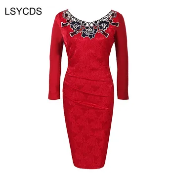 LSYCDS 2022 Vintage Červená Ženy Šaty O Krk Dlhý Rukáv Duté Z Čipky Príležitostné Práce Elegantné Ceruzka Zimné Šaty