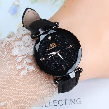 Luxusné Ženy Hodinky Bežné Kožené Hviezdne Nebo Crystal Hodiny Diamond Fashion Dámske náramkové hodinky Quartz Black zegarek damski 328