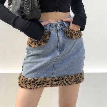 Dámske 2021 Leopard Patchwork Chlpaté Džínsy, Sukne Jar Ležérne Módne Vysoký Pás Pokcet Denim Mini Sukne Harajuku Streetwear