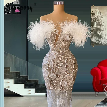 Luxus V Krku Morská Víla Večerné Šaty Perie Diamond Krátky Rukáv Prom Prípade Plášte Ženy Celebrity Vestido Narodeniny Trblietavých Šatách