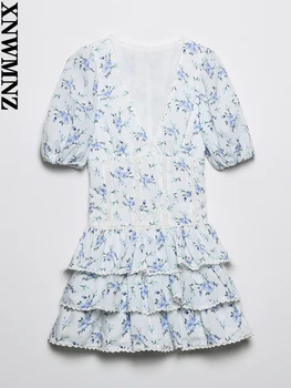 XNWMNZ 2022 Ženy, Módne Vyšívané Tlač Šaty Žena Sladké V Krku Lístkového Rukávy Vrstvený Prehrabať Lem Žena Elegantný Mini Šaty