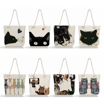 Roztomilý Akvarel Black Cat Bielizeň Eco Opakovane Nakupovanie Shopper Tašky, Školské Knihy Taška Maľovanie Vytlačené Dámske Dizajnér Tote Tašky
