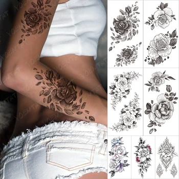 Nepremokavé Dočasné Tatooo Nálepky Kvet Pivónia Begonia Rose Prenos Tetovanie Pás Sexy Body Art Falošné Tetovanie Muž Ženy Čierna