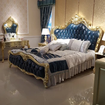 Európska luxusná manželská posteľ Európskej villa drevorezbárstvo obývacia izba kožené umenie svadobné posteľ